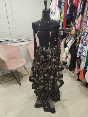 Aqua Black & Gold Star-Print Skirt,night Ours Party,glamorous